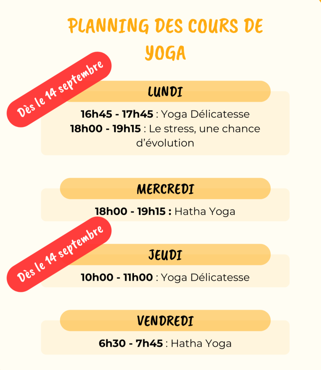 Planning des cours de yoga