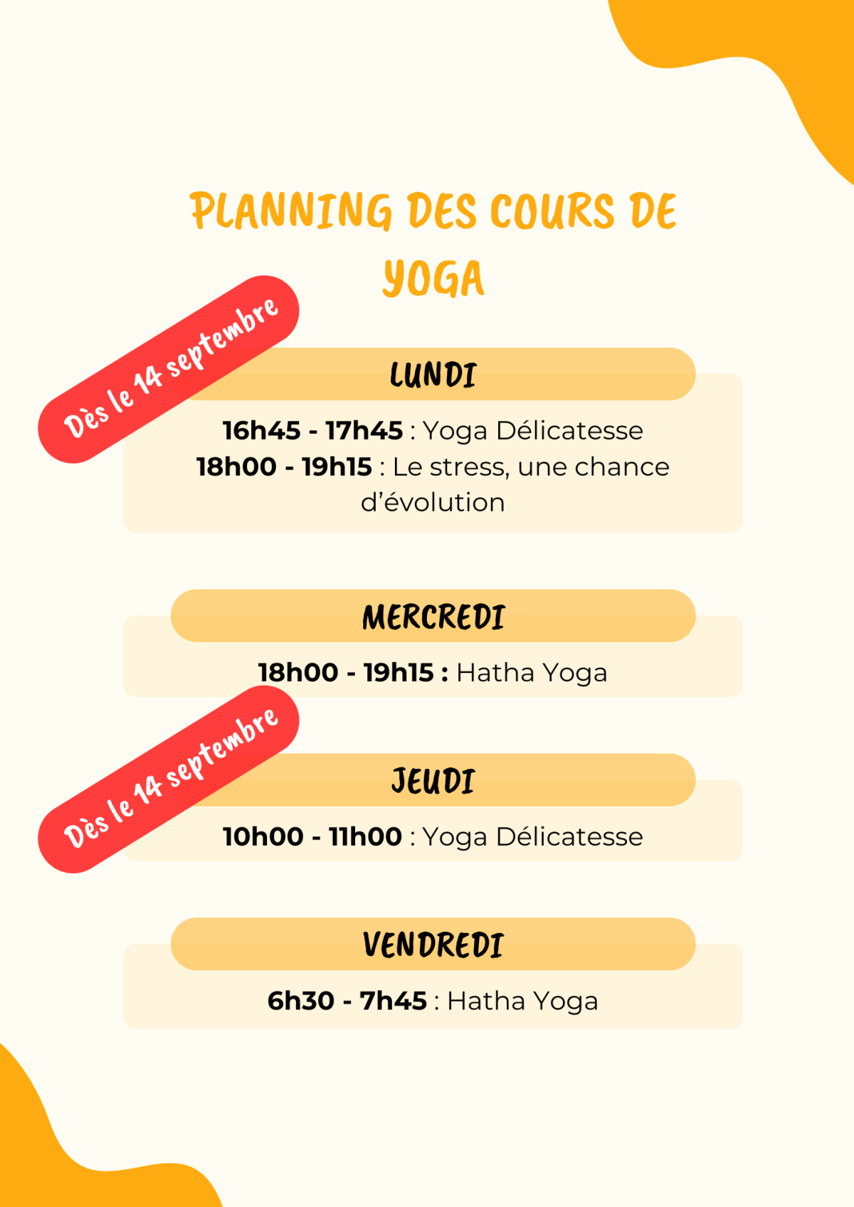 Programme des cours de Hatha Yoga proposés, validés par QualiCert